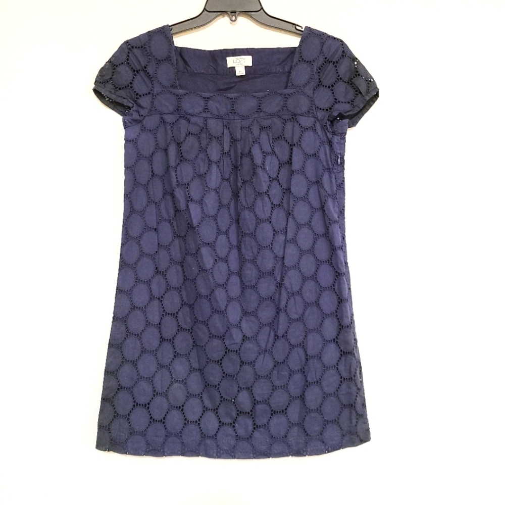 LOFT Ann Taylor Petites Navy Blue Square Neck Lacy Geo Pattern Mini Dress